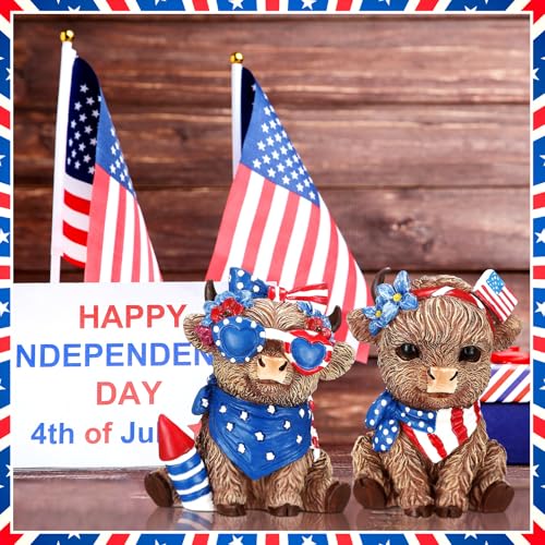 Wesiti 2 Pcs 4th of July Highland Cow Figurines Decor | Patriotic Gnomes Scottish Resin Statue, Calf Lovers Gifts, for 250th Anniversary, Home Garden Kitchen Office Table - style: Independence Day