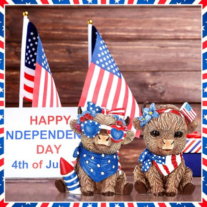 Wesiti 2 Pcs 4th of July Highland Cow Figurines Decor | Patriotic Gnomes Scottish Resin Statue, Calf Lovers Gifts, for 250th Anniversary, Home Garden Kitchen Office Table - style: Independence Day