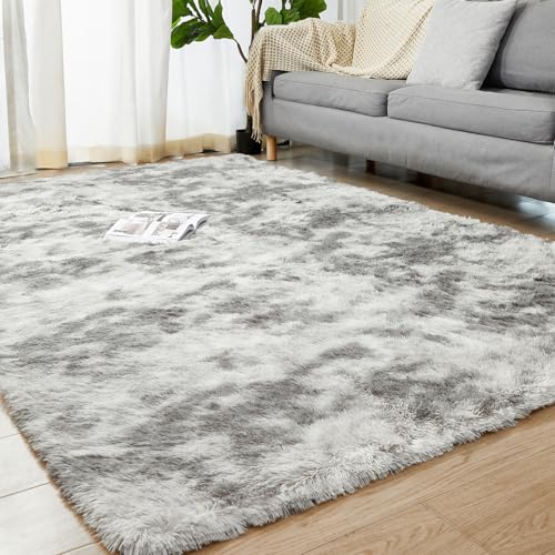 Large Shag Area Rugs 9x12 Living Room, Fluffy Shaggy Carpet Rugs for Bedroom, Non-Slip Indoor Plush Fuzzy Nursery Rugs for Home Decor, Tie-Dyed Light Grey - color: Tie-dyed Light Grey, size: 9' x 12' (Rectangular)