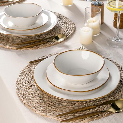 AmorArc Ceramic Dinnerware Sets for 4, Handmade Plates and Bowls Sets | Stoneware Reactive Glaze Dish Set, Scratch Resistant, Dishware Set for Kitchen Wedding, Dishwasher & Microwave Safe - color: Reactive White