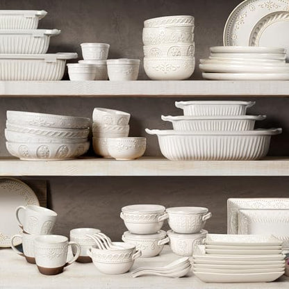French Onion Soup Bowls with Handles and lids & Spoons, 20 Oz Ceramic Soup Crocks Oven Safe Serving Bowls for Chili, Beef Stew, Cereal, Pot Pies, Embossment, Set of 4, White (Multiple Patterns) - color: White (Multiple Patterns)