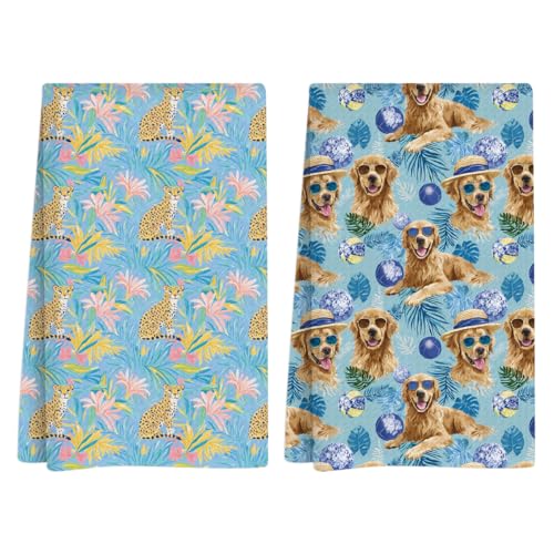 Summer Dog Cheetah Kitchen Towels, Summer Kitchen Bathroom Decor, Housewarming Gifts, Lemon Waffle Decorative Dish Hand Towel for Seasonal Holiday Bathroom Home Bar Baking Set of 2 14x24 Inch - color: Cheetah Dog