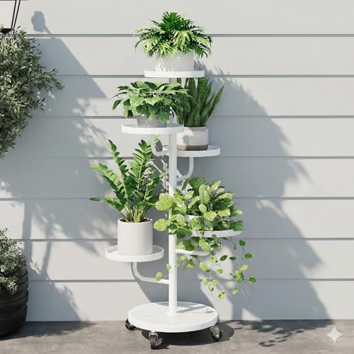 Bamworld Tall Plant Stand Indoor Outdoor Metal Plant Stands with Wheels 5 Tiered Corner Plant Holder Heavy Duty Flower Stand for Multiple Pots Planter Stand for Patio Balcony Living Room (White) - color: White