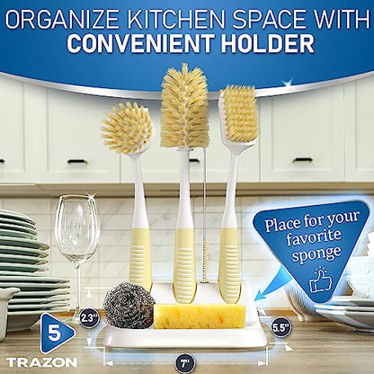 Dish Brush Set of 5 with Holder - Kitchen Scrub Brushes with Non-Slip Long Handle for Cleaning, Scrubber, Dishwashing, Dishes, Bottles, Straws, Cups, Pots & Sink, Baige - color: Baige