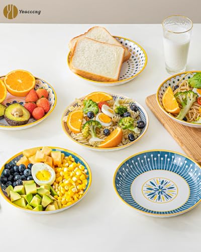 Yeacccng Bohemian Pasta Bowls Set of 4, 8 Inch 24 Oz Ceramic Salad Bowls, Shallow Wide Kitchen Bowls, Lead-Free Cadmium-Free, Dishwasher Microwave Oven Safe, Scratch-Resistant Boho Serving Bowls - size: 8 inch pasta bowl (Colorful*4)