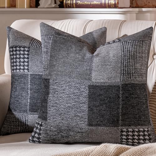 Set of 2 Throw Pillow Covers Woolen Patchwork Checkered Farmhouse Decorative Square Pillows Cover Pillowcase for Sofa Couch Bed 18 x 18-Inch Grey - color: Grey, size: 18" x 18" (Pack of 2)