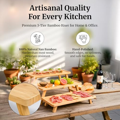 3 Tier Serving Tray, Wooden Tiered Stand for Charcuterie | Tiered wooden food display for cupcakes, cheese and appetizers; ideal for dessert tables, parties, weddings and events.