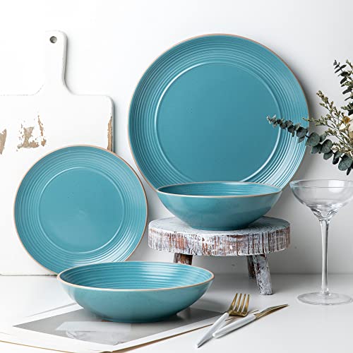 Arora RINGAR Round Stoneware 16pc Double Bowl Dinnerware Set for 4, Dinner Plates, Side Plates, Cereal Bowls, Pasta Bowls - Speckle Matte Turquoise (428525) - color: Speckle Matte Turquoise-Cereal/Pasta Bowl, style: Round-Service for 4(16pcs)