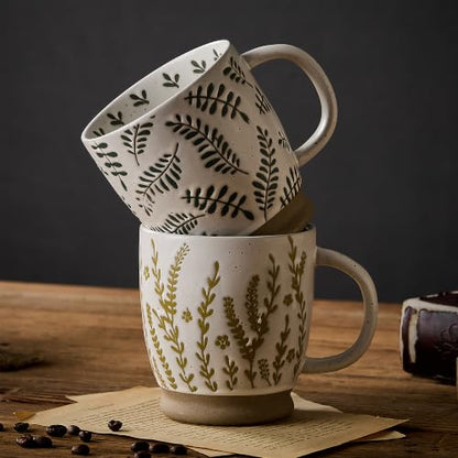 18 Oz Large Ceramic Coffee Mug Set of 2 - Rustic Handmade Floral Mugs with Handle, Microwave Safe for Latte Espresso Cappuccino Tea Cocoa Milk, Modern Unique Big Cups for Kitchen Women(Sage Green) - color: Sage Green