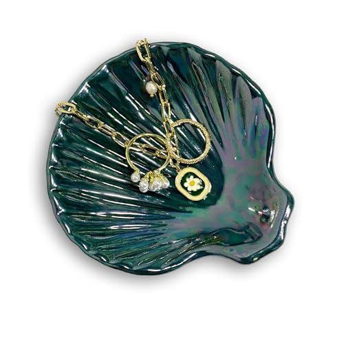 Seashell Trinket Tray, Ceramic Ring Holder Dish for Earrings Necklace, Shell Jewelry Dish Tray, Ocean Room Decor, Birthday Mother's Day Christmas Gift for Women, 3.9", Deep Teal Iridescent Surface - color: Deep Teal
