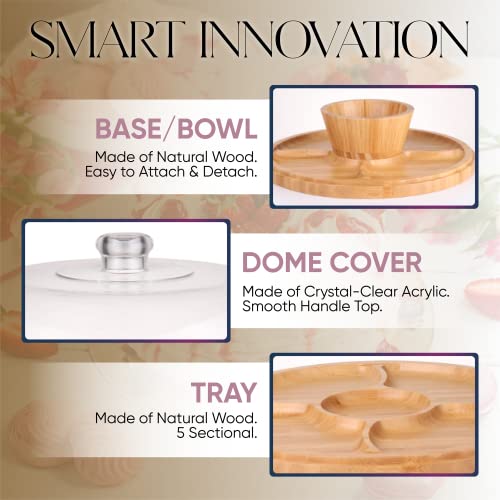 CHEF'S UNIQUE 6-in-1 Bamboo Cake Stand with Dome – Multifunctional Serving Platter, Punch Bowl, Salad Bowl, Chip & Dip Tray, Dessert Display with Clear Acrylic Cover