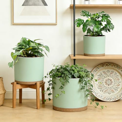 Large Plant Pots Set of 3 – 8", 9", 10" Indoor Flower Pots with Drainage Holes and Saucers, Big Planters for Monstera, Fiddle Leaf Fig, Snake Plant – 5 Colors - color: Green With Brown Base