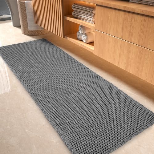 tchdio Waffle Bath Mat-Runner Rug, Super Absorbent Non Slip Bath Mats for Bathroom Machine Washable Long Rugs with Tassels, Bath Rugs for Bathroom Floor Beside Tub, 2' x 5', Dark Grey - color: Dark Grey, size: 24" x 60"