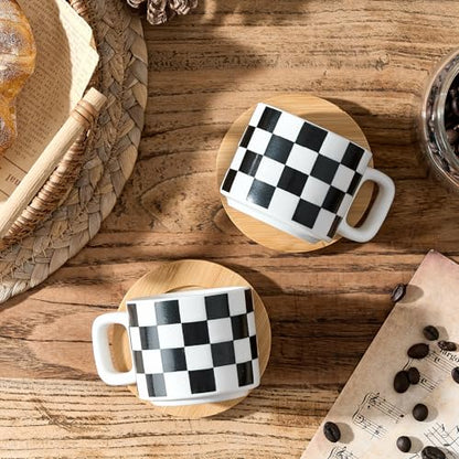 LUKA Porcelain Stackable Black and White Checkered Espresso Cups with Saucers and Metal Stand, 4 Ounce Small Ceramic Demitasse Cups Set for Coffee Drinks, Latte, Tea - Set of 4, White Interior - color: 4WG-White & Black