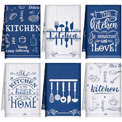 6 Pcs Blue White Kitchen Towels Decorative Sets Dish Towels Absorbent Fast Drying Hand Tea Vintage Hanging Reusable Cleaning Dishcloths for Cooking Farmhouse Bathroom Accessory - color: Blue and White, style: Classic