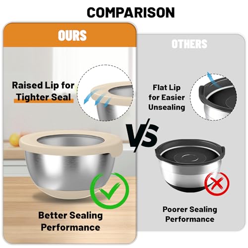 KITEISCAT Stainless Steel Mixing Bowls with Lids – Set of 5 Large Nesting Metal Bowls for Kitchen, Baking, Cooking, Food Prep & Storage, Non-Slip Base, Dishwasher Safe,Khaki - color: Khaki