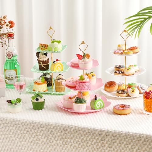 6 Pcs 3 Tier Cupcake Stand Tea Party Trays 3 Tier Serving Tray Plastic Dessert Stand Cake Fruit Candy Display Tower for Wedding Birthday Tea Party (Round,Sakura,Square,White,Pink,Green) - color: White,pink,green, size: Round,Sakura,Square