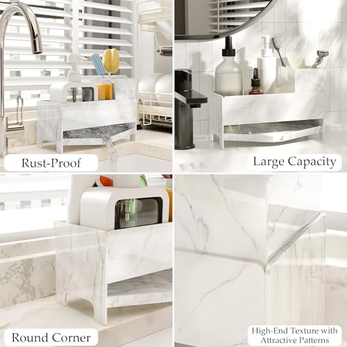 TIDIIABODE Sink Caddy Organizer for Kitchen Counter - White Marble Acrylic Sponge & Soap Bar Holder with Brush Slot, 9.2" Wide Countertop Storage Rack, Self-Draining, Rustproof