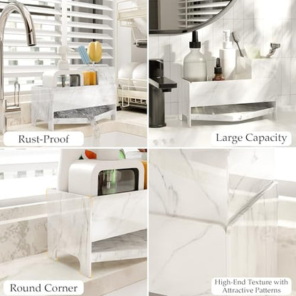 TIDIIABODE Sink Caddy Organizer for Kitchen Counter - White Marble Acrylic Sponge & Soap Bar Holder with Brush Slot, 9.2" Wide Countertop Storage Rack, Self-Draining, Rustproof