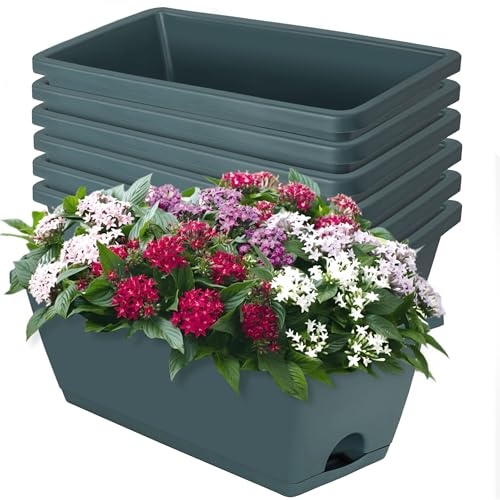 LOCONHA 7 Pack Window Box Planter, Plastic Vegetable Flower Planters Boxes | 17 Inches Rectangular Flower Pots with Saucers, Indoor Outdoor Garden Patio, Home Decor (Army Green) - color: Army Green