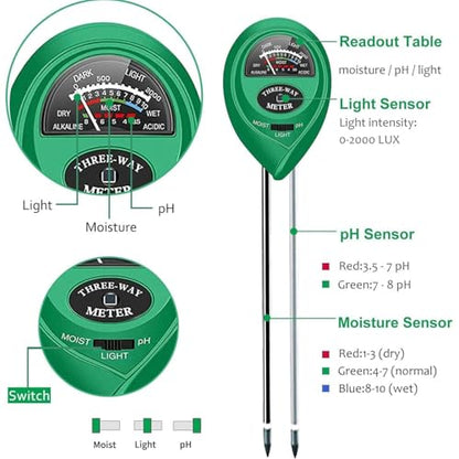 Soil pH Meter, MS02 3-in-1 Soil Moisture/Light/pH Tester Gardening Tool Kits for Plant Care, Great for Garden, Lawn, Farm, Indoor & Outdoor Use (Green)