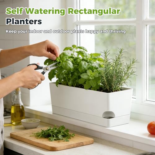 2 Pack Self Watering Pots for Indoor Plants 17 Inches Window Boxes Planters Rectangular Flower Pots Rectangle Herb Pots Large Plant Pots with Drainage Holes and Saucers Windowsill Planter, White - color: White