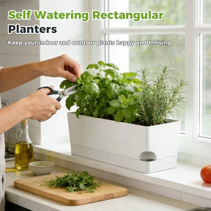 2 Pack Self Watering Pots for Indoor Plants 17 Inches Window Boxes Planters Rectangular Flower Pots Rectangle Herb Pots Large Plant Pots with Drainage Holes and Saucers Windowsill Planter, White - color: White
