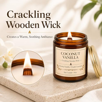 Coconut Vanilla Scented Candles for Home, 9oz Long Burning Soy Candles for Women, Wood Wick Natural Non Toxic Candle Jar, Aromatherapy Candle Gift for Home Bedroom Bathroom Office - color: 1 Pack Coconut Vanilla Candle with Wood Wick