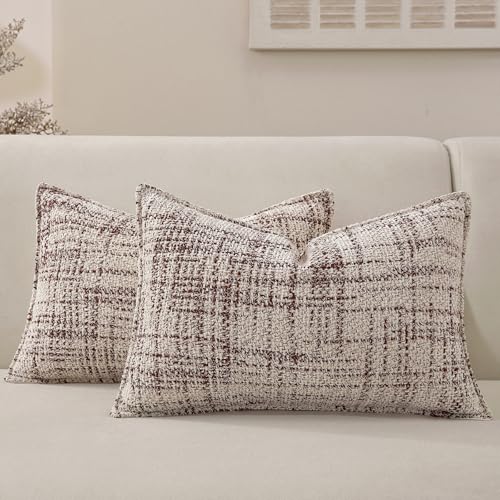 Chenille Lumbar Throw Pillow Covers 20x12 Set of 2, Thick Soft Tweed Textured Decorative Boho Pillow Covers with Elegant Design for Couch, Sofa, Living Room, Brown - color: Brown, size: 20" x 12" (Pack of 2)