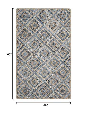 SAFAVIEH Cape Cod Collection Accent Rug - 3' x 5', Natural & Blue, Handmade Flat Weave Diamond Braided Jute & Denim, Ideal for High Traffic Areas in Entryway, Living Room, Bedroom (CAP354A) - color: Natural/Blue, size: 3' x 5' (Rectangular)