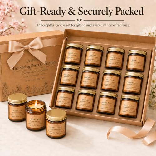 12 Pack Summer Scented Candles, 3.5 oz Amber Glass Jar Soy Candle Set | 8% Essential Oil Blend, Gifts for Women Birthday Housewarming - color: Spring and Summer Candle