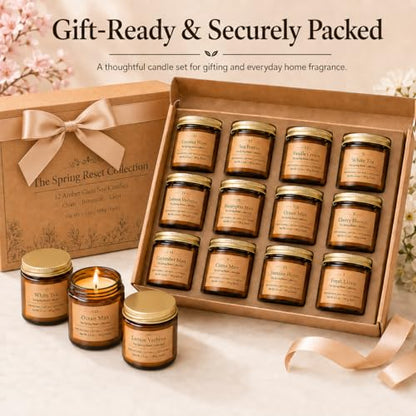 12 Pack Summer Scented Candles, 3.5 oz Amber Glass Jar Soy Candle Set | 8% Essential Oil Blend, Gifts for Women Birthday Housewarming - color: Spring and Summer Candle