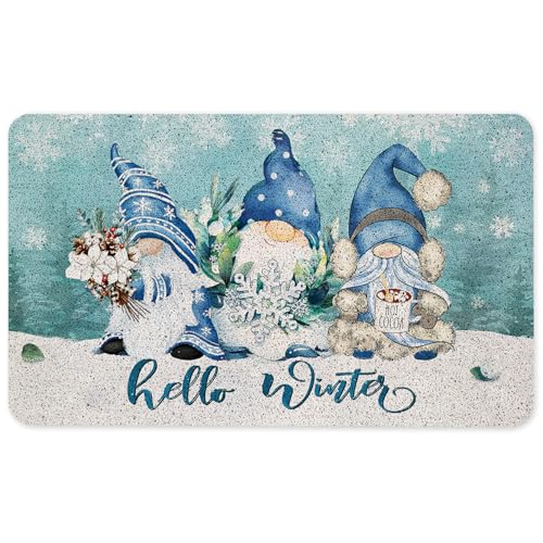Hello Winter Christmas Gnome Door Mat, Winter Gnome Doormat for Front Door Indoor Outdoor Entrance Porch, Blue Christmas Welcome Mat Outside, Xmas Holiday Bath Mats, 17x30 Inches - color: Christmas Gnome