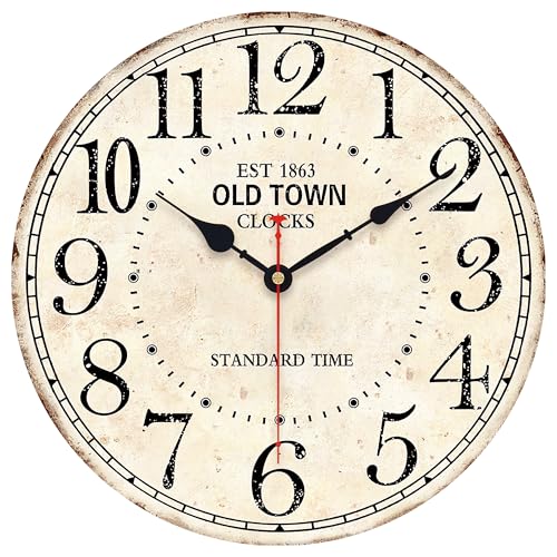 14in Antique Vintage Round Wall Clock Silent Old Town Farmhouse Home Decor | Retro Non Ticking Battery Operated Country Style Wooden Clock for Garden Kitchen,Bedroom,Office - color: Rustic Vintage, size: 14 inch
