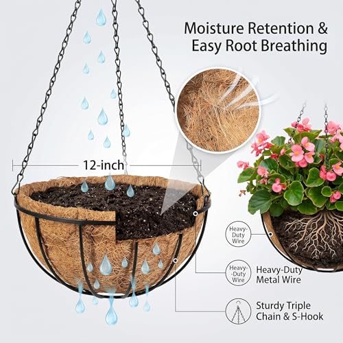Kingbuy 12" Metal Hanging Basket for Herbs & Flowers – 6" Depth Rust-Resistant Wire with Coconut Liner & Adjustable Chains for Kitchen Window, Balcony & Garden - 1 Pack - size: 12 Inch, style: 1 Pack