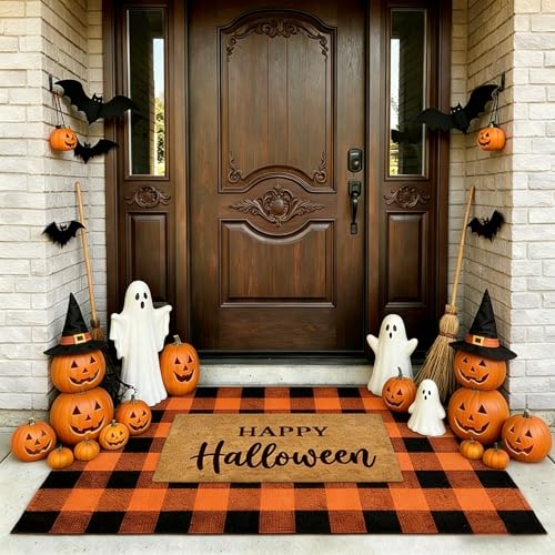 SEEKSEE Happy Halloween Doormat Set, Thick Coco Coir Door Mat + Orange and Black Buffalo Plaid Rug, Outdoor Layered Mat for Front Door Non-Slip Backing Floor Mat for Porch - color: Happy Halloween - Orange Black Plaid, size: 3' x 5' (Rectangular)