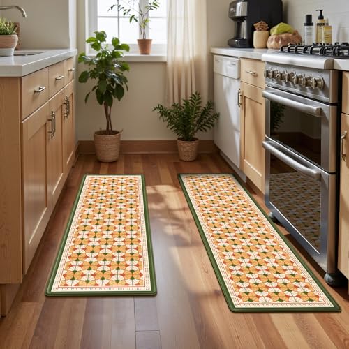 Vintage Geometric Kitchen Rug Sets of 2, Non-Slip Anti-Fatigue Floor Mats | Thick Soft Comfort Cushioned Decor Runner Rug,PVC Waterproof Easy Clean Standing Mat for Indoor Sink Laundry Bedroom Bathroom - color: Autumn Orange Fan, size: 18"x30"+18"x48"