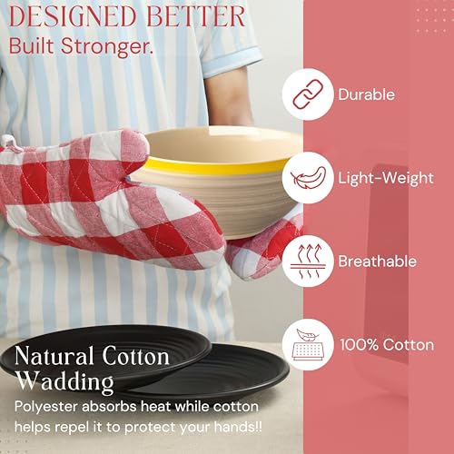 Oven Mitt & Pot Holder Buffalo Plaid Check 100% Cotton Heat Resistant Oven Gloves (7"x13") & Hot Pads (8"x8") Combo for Baking, Cooking - Red - color: Red, Buffalo Plaid