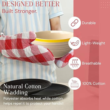 Oven Mitt & Pot Holder Buffalo Plaid Check 100% Cotton Heat Resistant Oven Gloves (7"x13") & Hot Pads (8"x8") Combo for Baking, Cooking - Red - color: Red, Buffalo Plaid