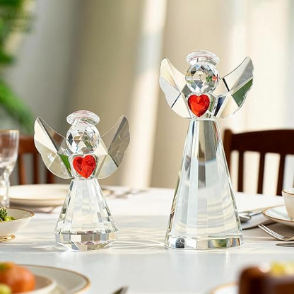 2pcs Crystal Angel Figurine Collectibles Gifts for Women Glass Angel Statue | Glass Guardian Angel Holding a Heart Ornaments,Home Table Christmas Decoration (Clear,4.5''and 3'') - style: Angel With Red Heart-2pcs