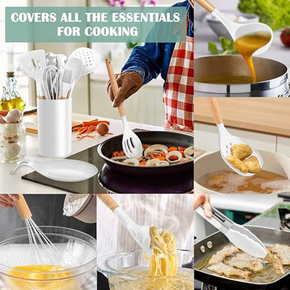 E-far White Cooking Utensils Set with Holder, 25-Piece Silicone Kitchen Utensil Set with Wooden Handle for Nonstick Cookware, 446°F Heat Resistant Kitchen Tool Spatula Tongs Whisk, Non-toxic & Healthy - color: White, size: 25