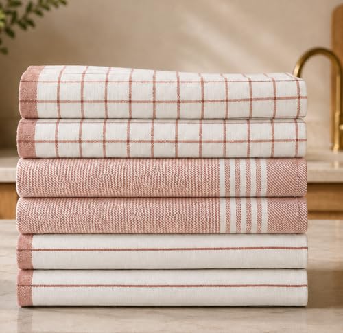 CSL Premium Cotton Kitchen Towels Set of 6,Absorbent,Quick Dry,18x28, Rust | Premium Sturdy Weave, Great for Wrapping Bread or Dough, Hanging loop, Holds up Wash after Wash, Farmhouse Print - color: Rust, size: 6 Pack