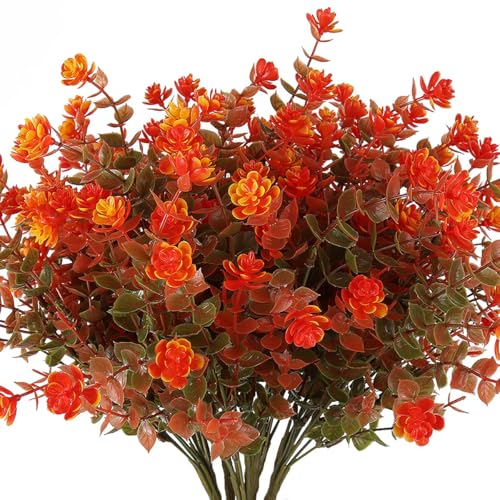 RECUTMS Artificial Fall Mums Flowers No Fade Faux Autumn Plants Outdoor 8Pc | Fake Orange Plastic Greenery Fall Orange Decor for Thanksgiving Christmas Wedding Party Home Garden Fireplace Indoor Décor - color: Green Orange, size: 8 Pcs