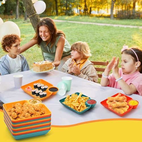 Lawei 12pcs Chip Dip Serving Platter Set, Plastic Dumpling Plates with Sauce Compartment, Square Serving Dish Sushi Plates, Small Dip Tray for Appetizer, Taco Salsa, Fruit, Charcuterie