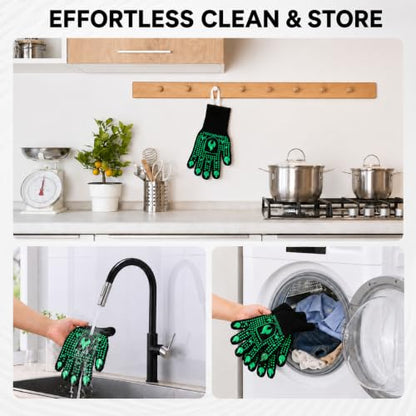 IGNISGUARD® BBQ Gloves, Heat Resistant Grill Gloves, 1 Pair, Green (L) | EN407:2020 tested with textured silicone grip, three-layer construction and long knit cuff for added wrist coverage. - color: Green, size: Large