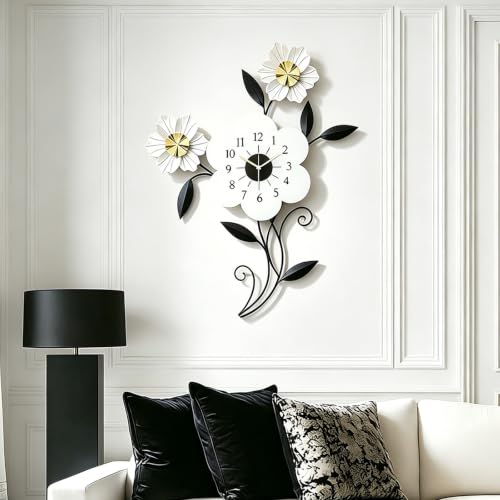 Large Flower Wall Clock, Modern Metal Wall Decor with Silent Quartz Movement, Artistic Floral Wall Art for Living Room Bedroom Office, Elegant Black White Gold Petal Design, 24" x 34.5"