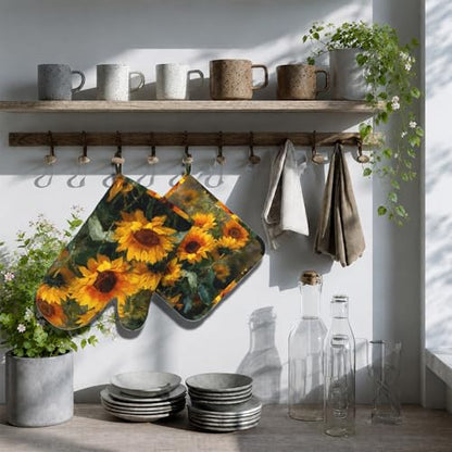 Abstract Oil Painting Sunflower Oven Mitt and Pot Holder with Silicone Heat Resistant Kitchen for Cooking BBQ Baking Grilling Cooking Protection - color: Abstract Oil Painting Sunflower