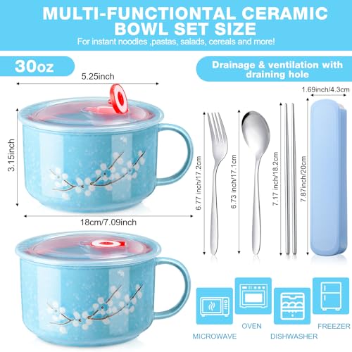 2 Pcs 30 oz Ceramic Soup Bowl with Lid and Handle Snow Flake Blossoms Cherry Pattern Microwave Soup Mug Instant Noodles Cup,2 Sets Stainless Utensils Fork Spoon Chopsticks with Case(Blue) - color: Blue