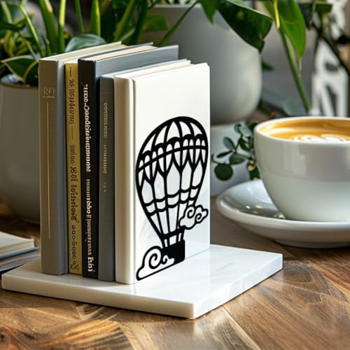 5.3"x4.3"x7.9" Metal Bookends, Heavy Duty Book Ends for Shelves | Hot Air Balloons Theme Cast Iron Book Supports, 1 Pair Decor Stoppers for Desk, Library, Office & Home Shelves - style: Hot Air Balloons