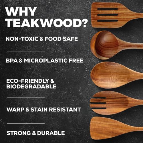 Zulay Kitchen Extra-Large 5-Piece Wooden Spoon Set - Smooth Teak Cooking Utensils - Comfort-Grip Non-Stick Turner, Spatula, Skimmer, Fork, Serving Spoon - size: 5 Piece | Large